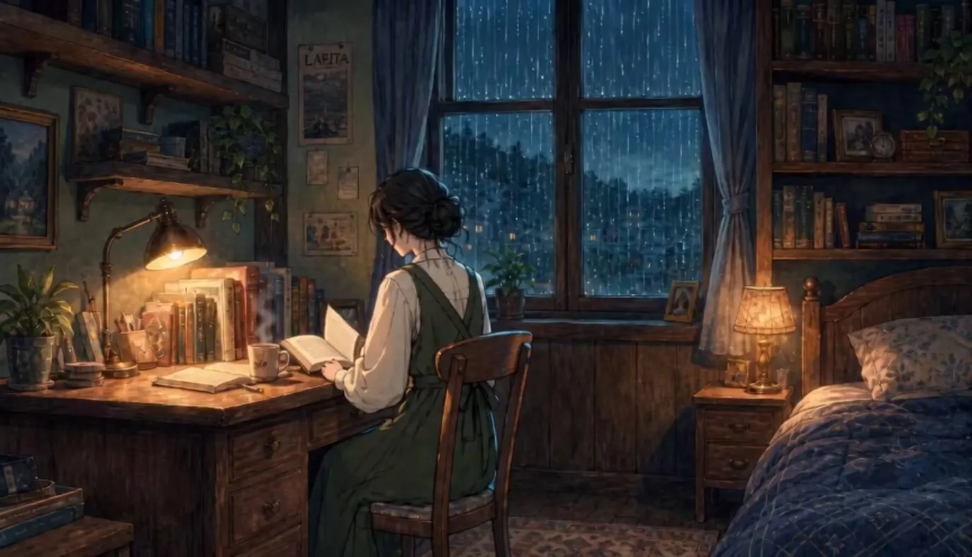 雨の夜の窓辺で学生が本を読むRainlight StudyのLo-Fi元画像