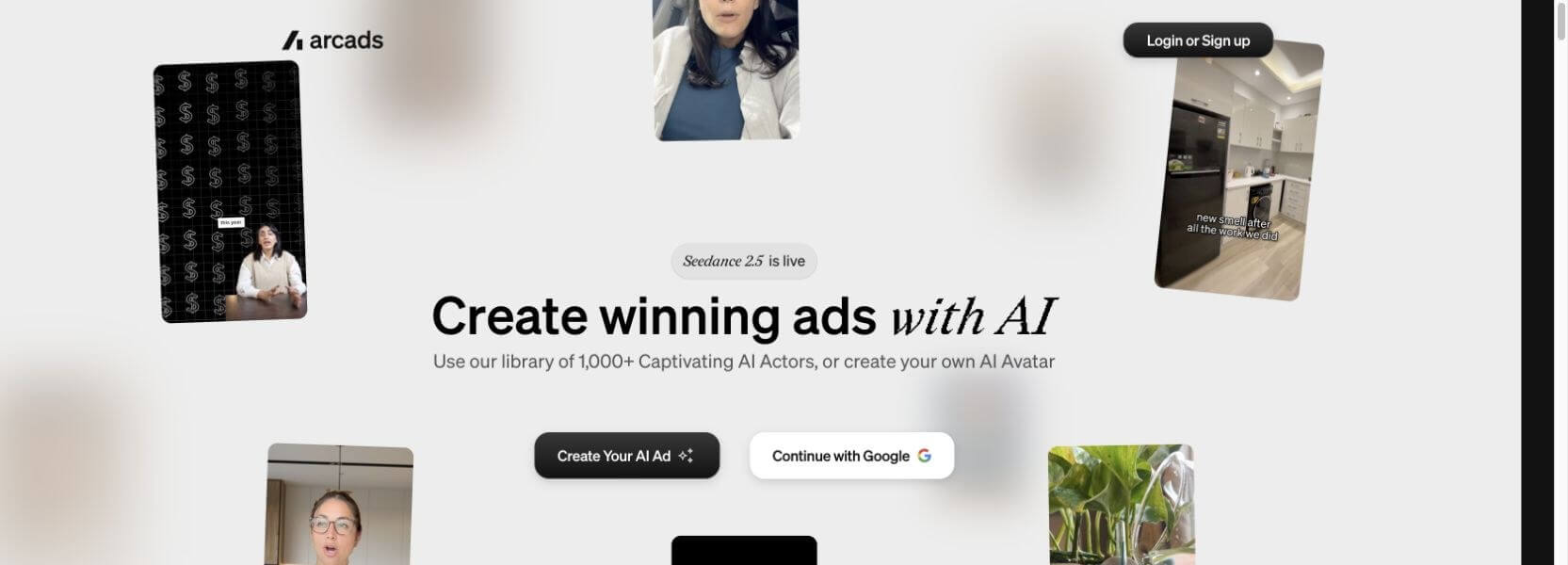Arcads public AI UGC examples surrounding its ad creation interface