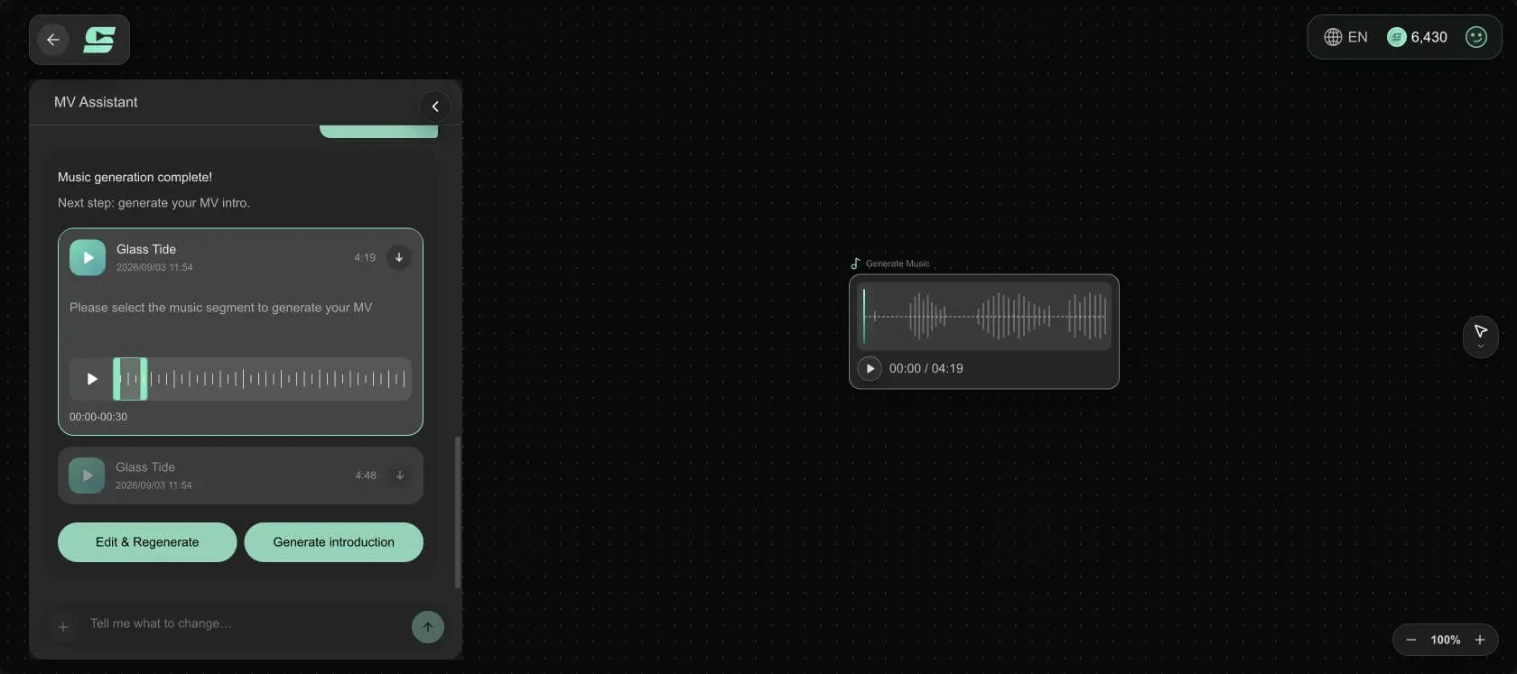 SoulVid shows two Glass Tide instrumental candidates and selects 00:00 to 00:30 from the first track