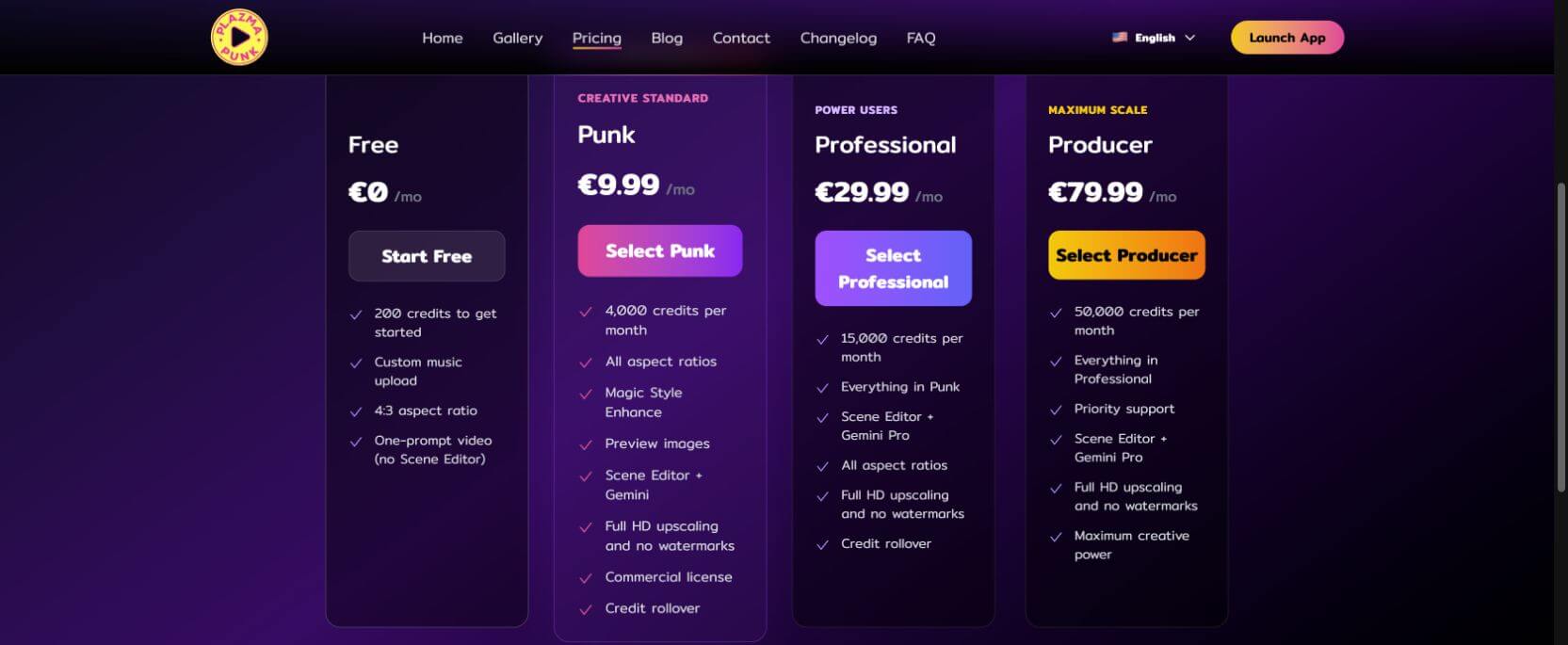 Plazmapunk 免費方案，提供 200 點起始額度與自訂音樂上傳