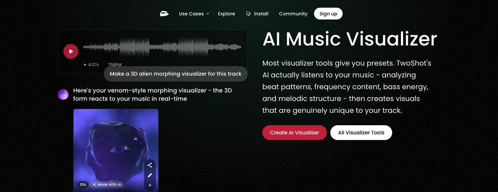 TwoShot AI visualizer interface with audio reactive controls