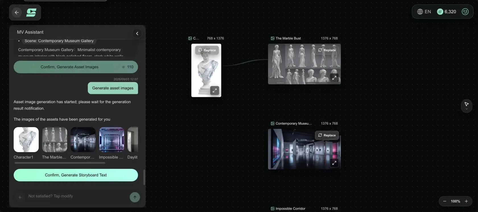 SoulVid canvas with generated marble bust and contemporary museum reference assets for Museum of Echoes