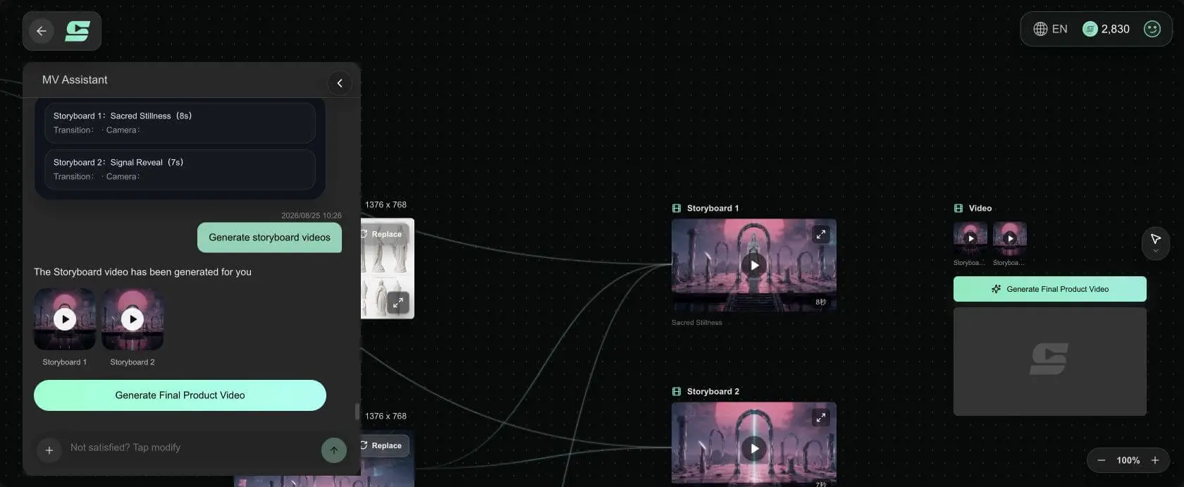 SoulVid 影片階段中的 Sacred Stillness 與 Signal Reveal 分鏡結果