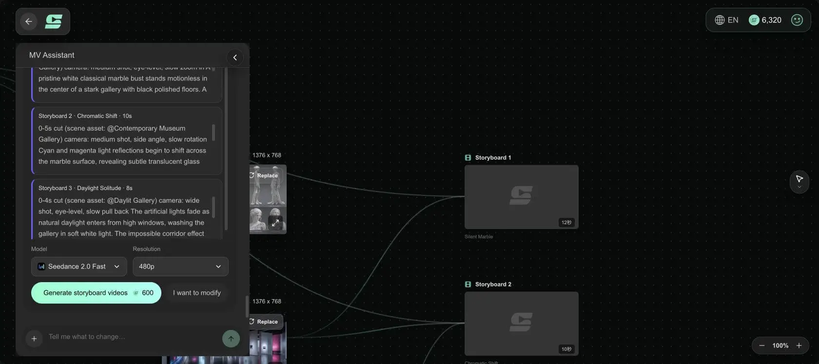 SoulVid displays three Museum of Echoes Storyboard Text sections with Seedance 2.0 Fast and 480p preview settings