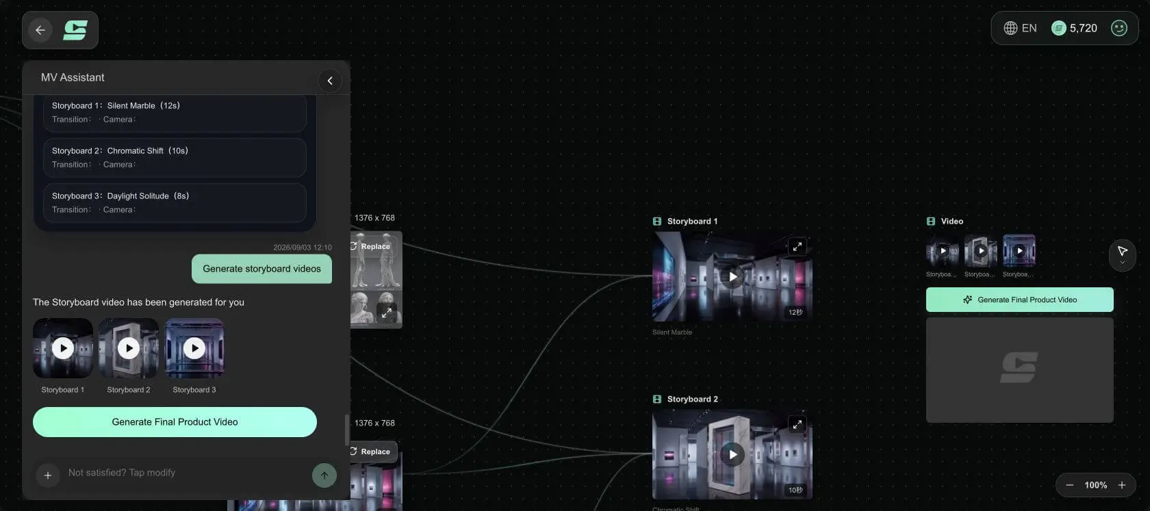 SoulVid canvas showing generated storyboard clips for Silent Marble, Chromatic Shift, and Daylight Solitude