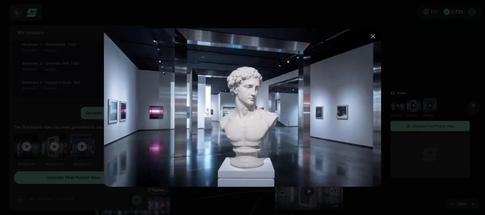 Silent Marble storyboard preview from Museum of Echoes, showing a white marble bust in a contemporary gallery with a black mirrored floor