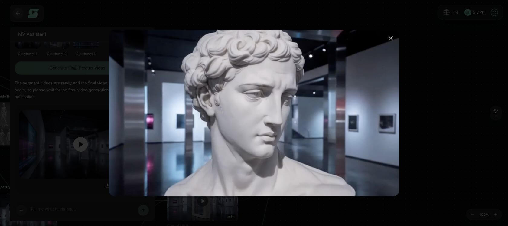 Final Museum of Echoes music video frame generated in SoulVid, with a marble bust inside a contemporary gallery