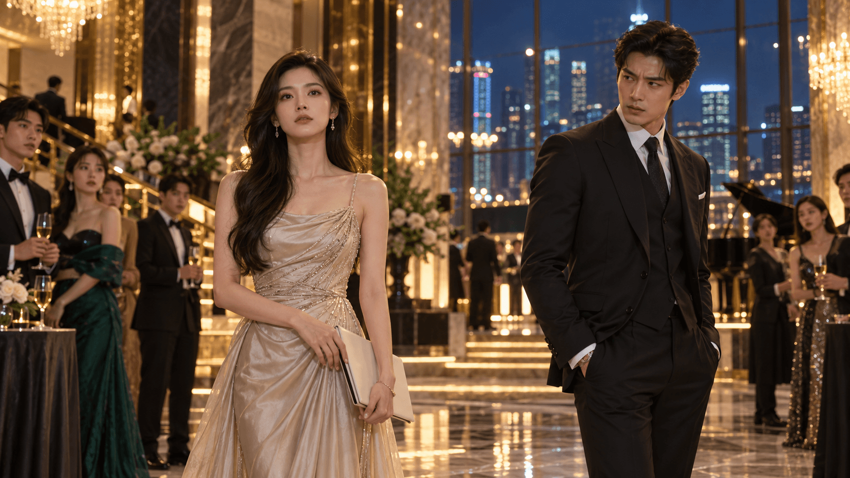 AI CEO romance drama guide cover showing a calm heroine at a luxury gala as a cold CEO realizes he misjudged her
