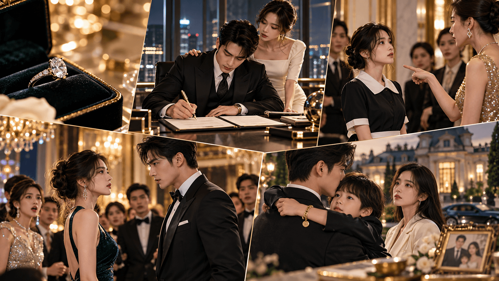 Visual categories for CEO romance short drama opening hooks including secret marriage, contract love, mistaken identity, public humiliation, and inheritance clues