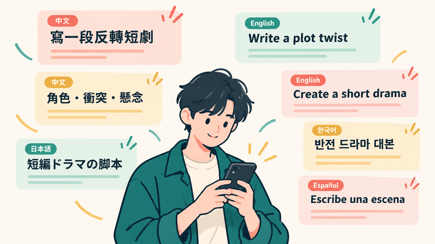 A person using a phone with AI short drama script prompts in different languages behind them