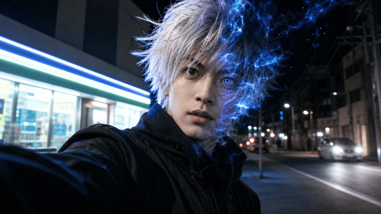 Anime-style character transforming into a live-action AI video scene