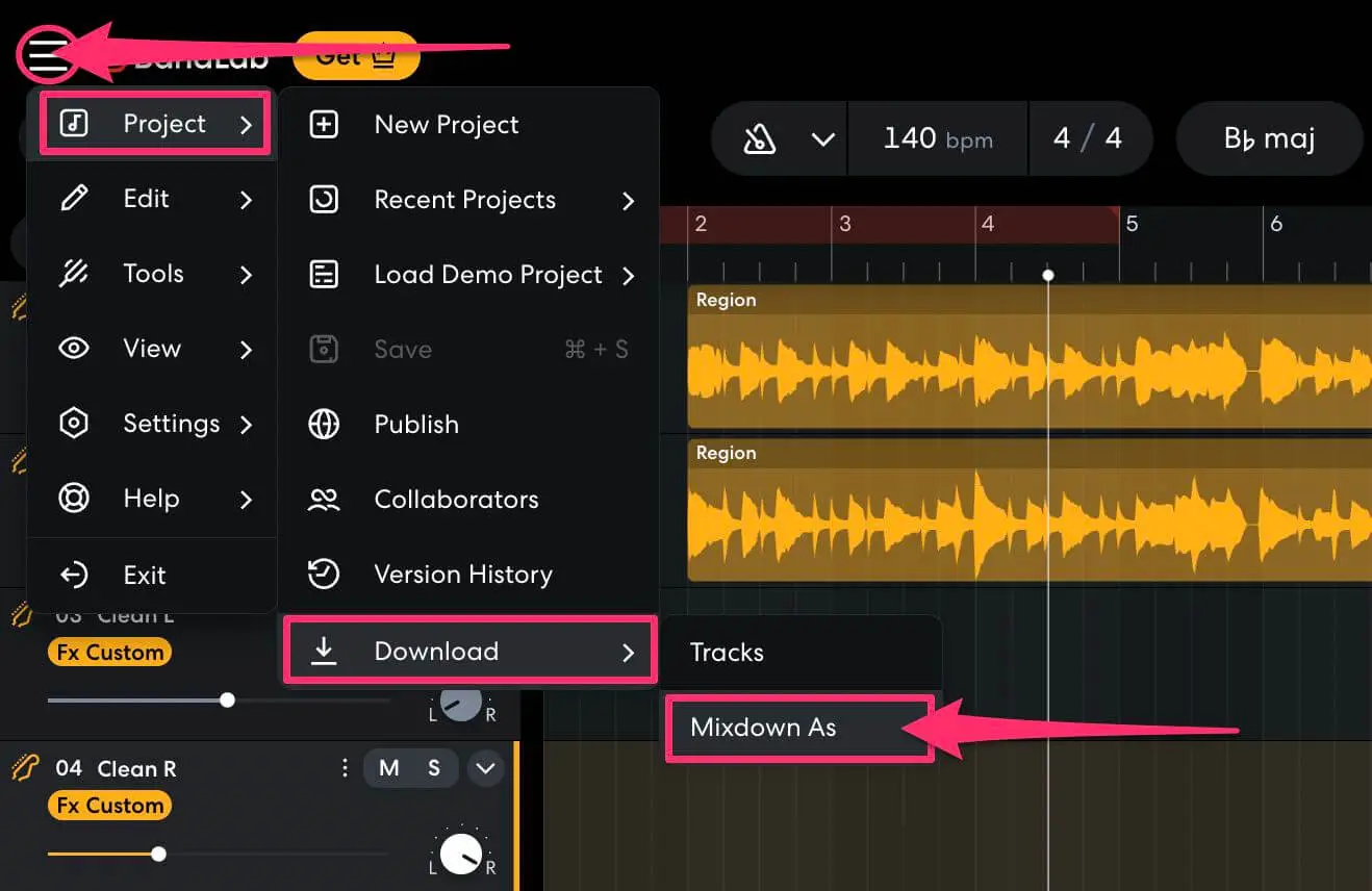 BandLab Studio 的 Project 選單顯示 Download 與 Mixdown As