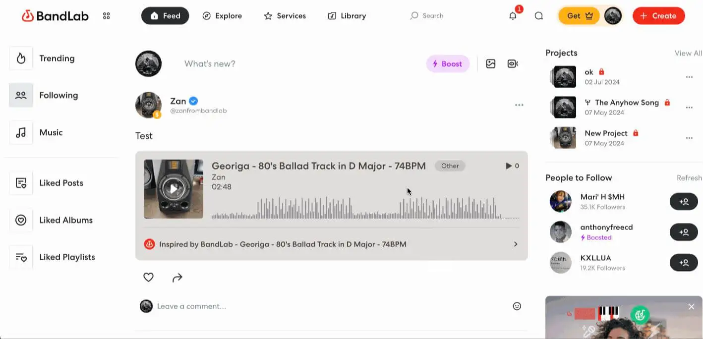 BandLab 工作台顯示已完成的歌曲與準備製作音樂影片的專案庫