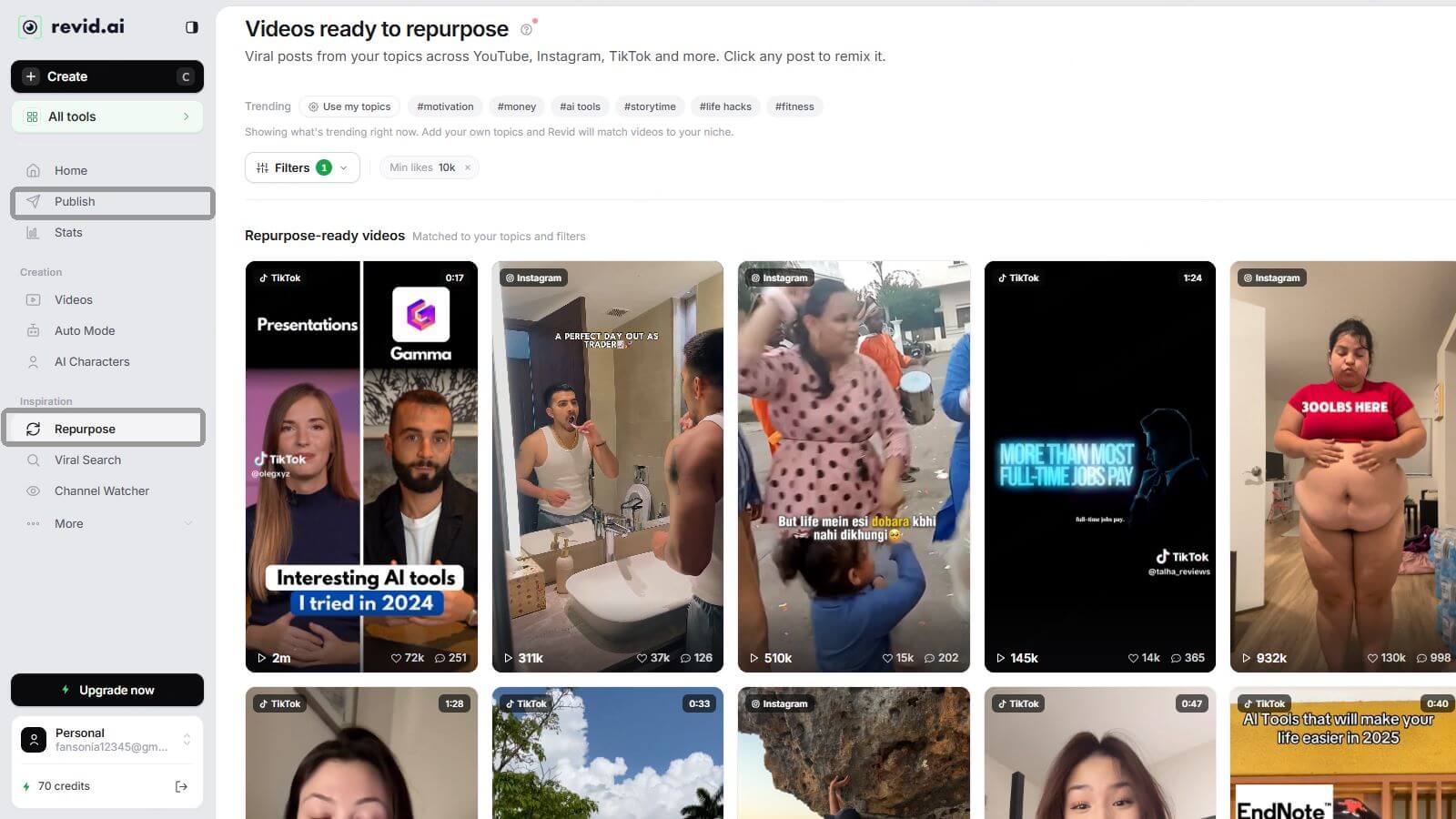 Revid AI vertical social media video editing layout