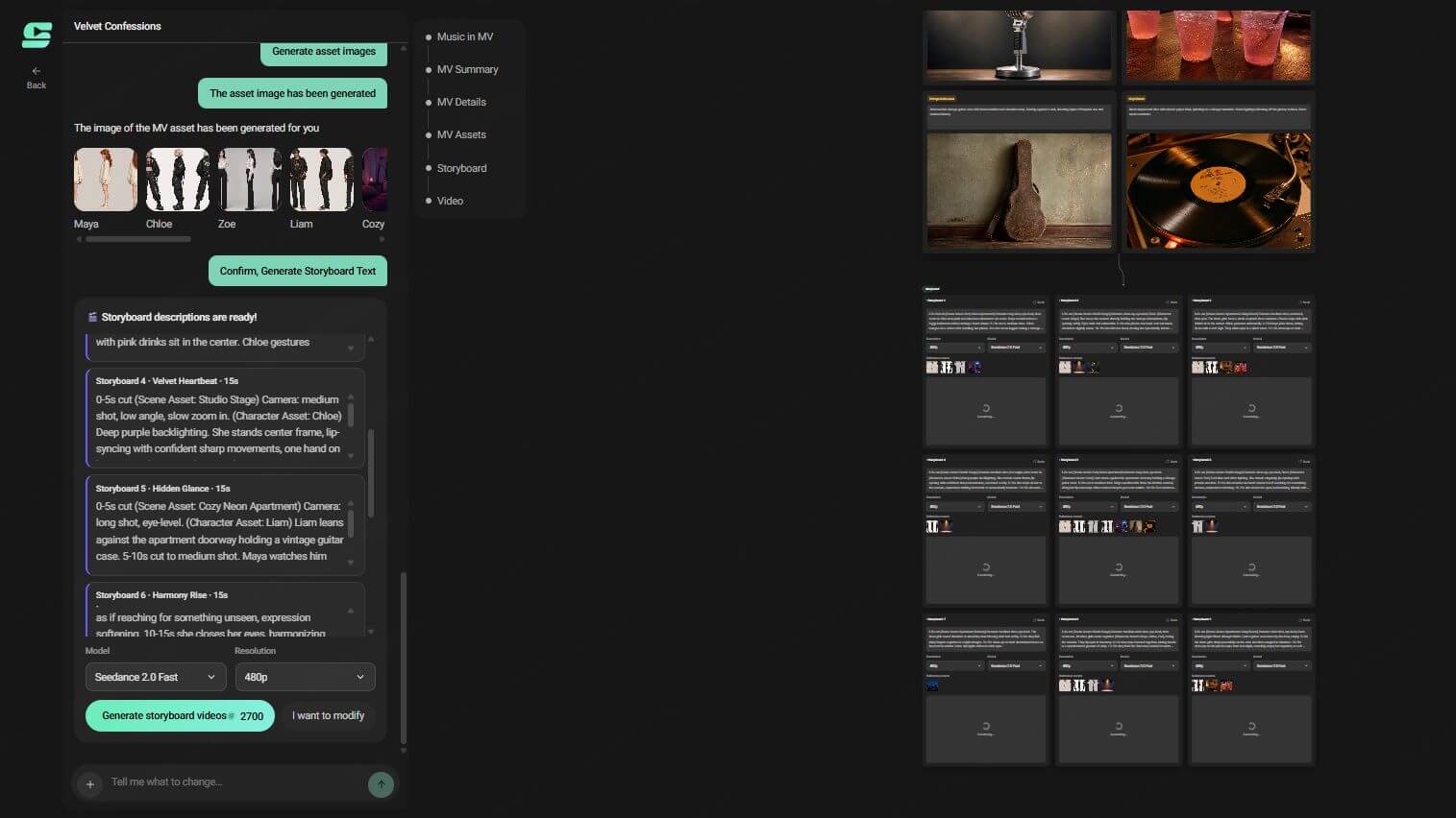 SoulVid storyboard view with generation cards mapped to audio milestones