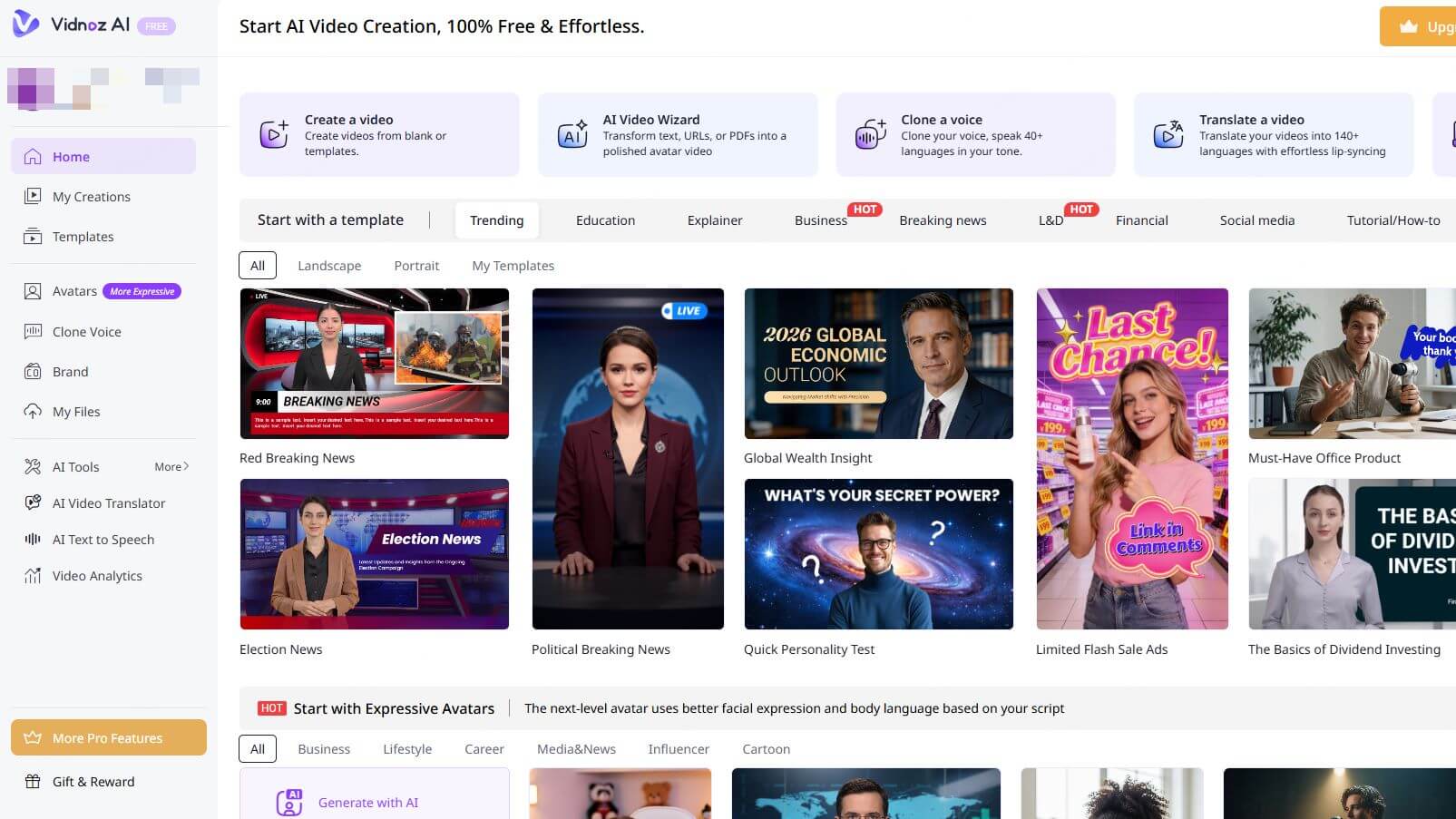 Vidnoz AI avatar interface with digital presenters