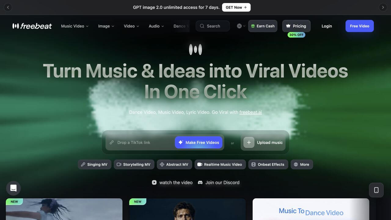 Freebeat music-first AI video platform home page