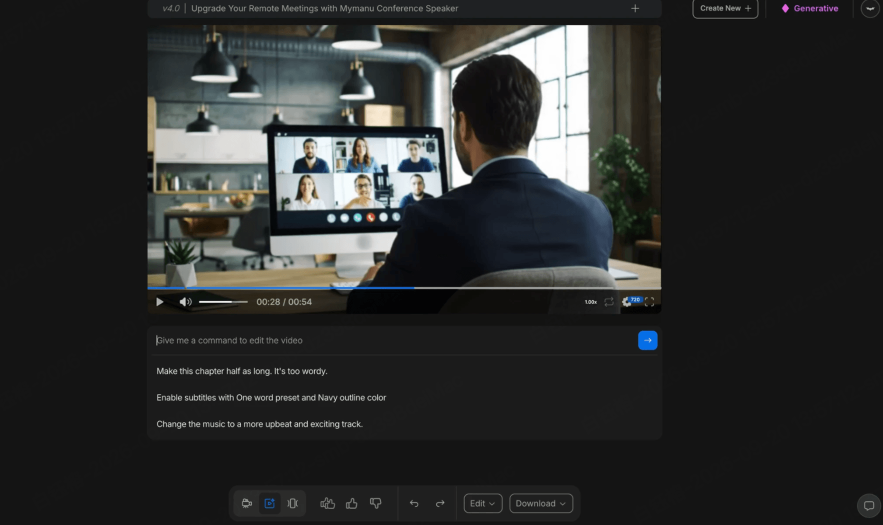 InVideo 劇本轉影片工作區，包含場景區塊、旁白、字幕和媒體時間軸