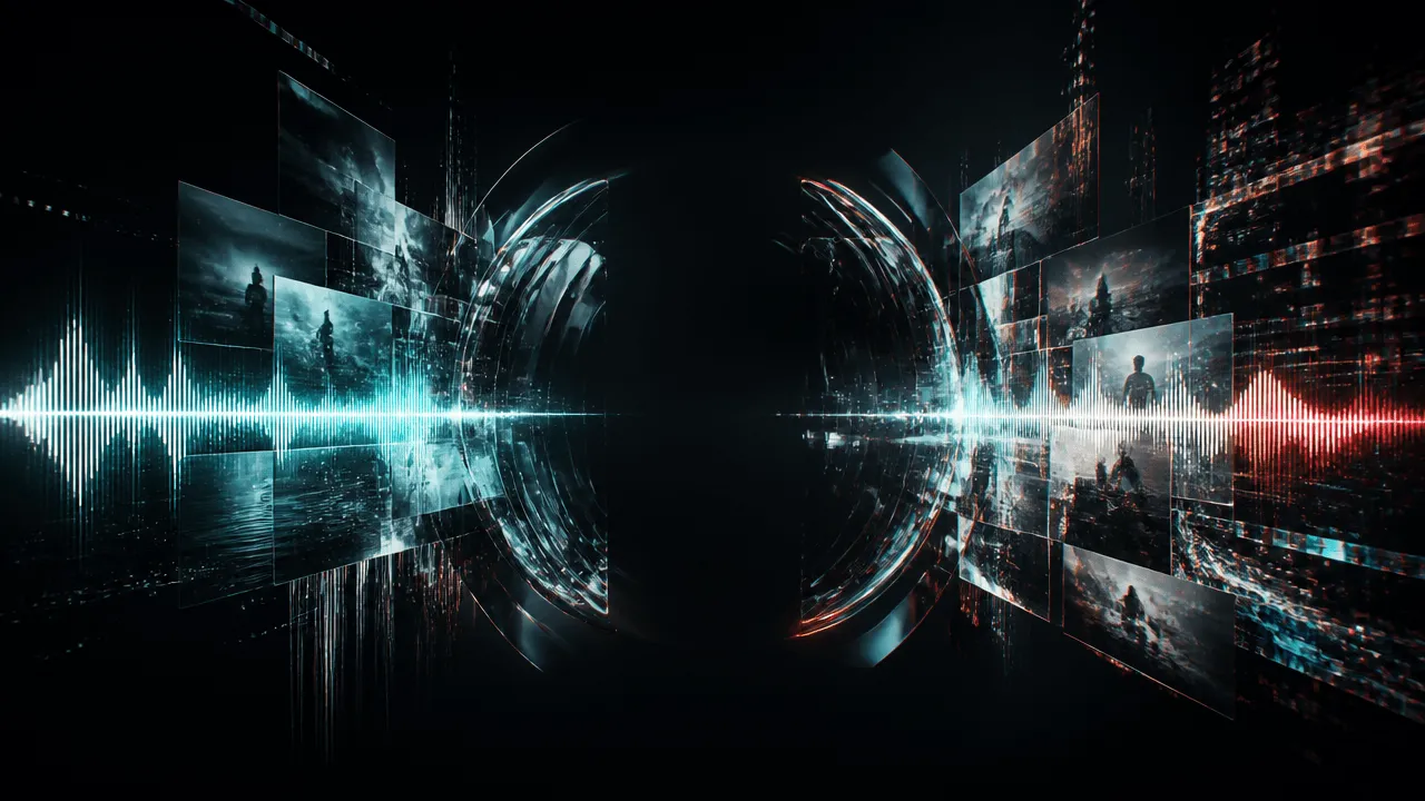 Abstract glitch-art audio waveform transforming into cinematic lyric video frames