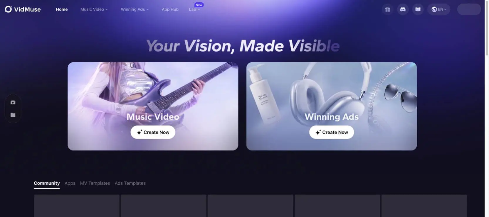 VidMuse AI MV 生成器頁面，可從歌曲製作影片