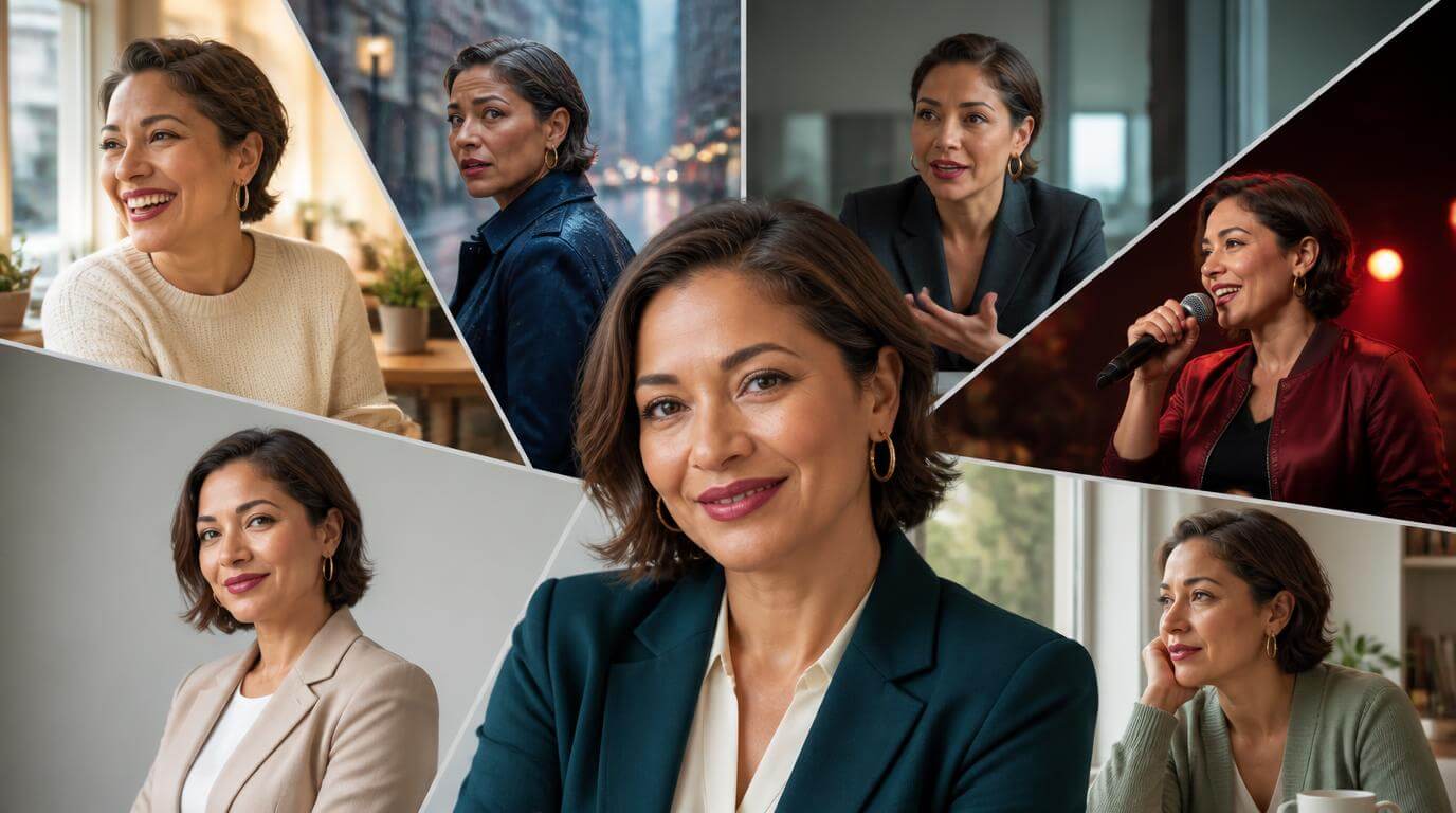 The same photorealistic woman shown with different expressions, outfits, and scenes to demonstrate AI character consistency
