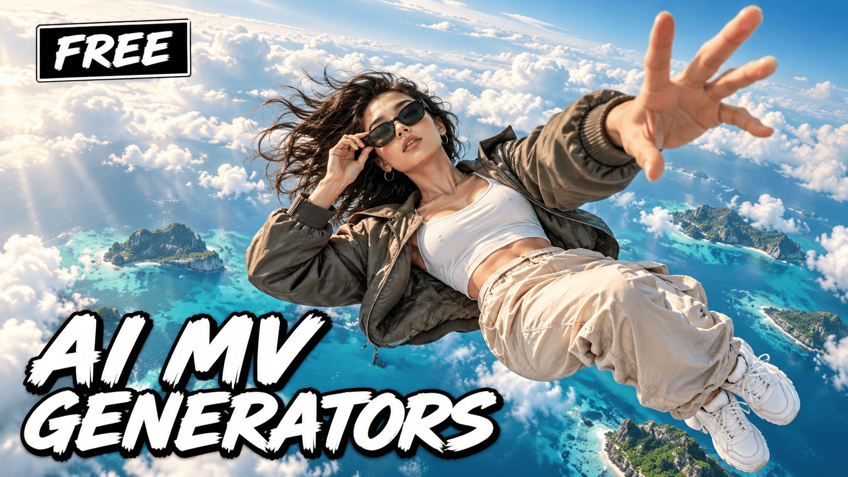 時尚人物在海島上空仰身下落，搭配 FREE 與 AI MV GENERATORS 字樣的文章封面