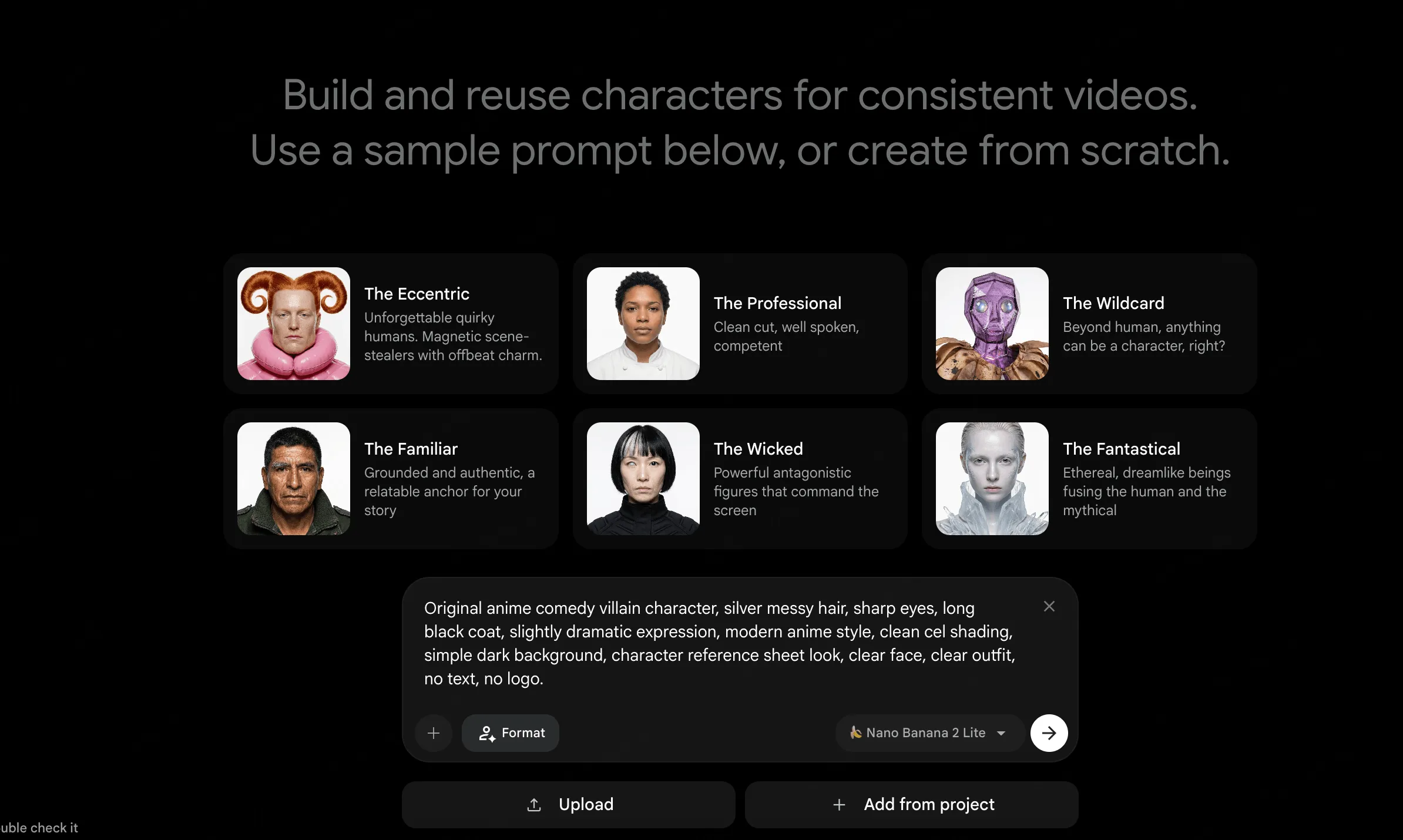 Google Flow Characters screen with an anime villain character prompt