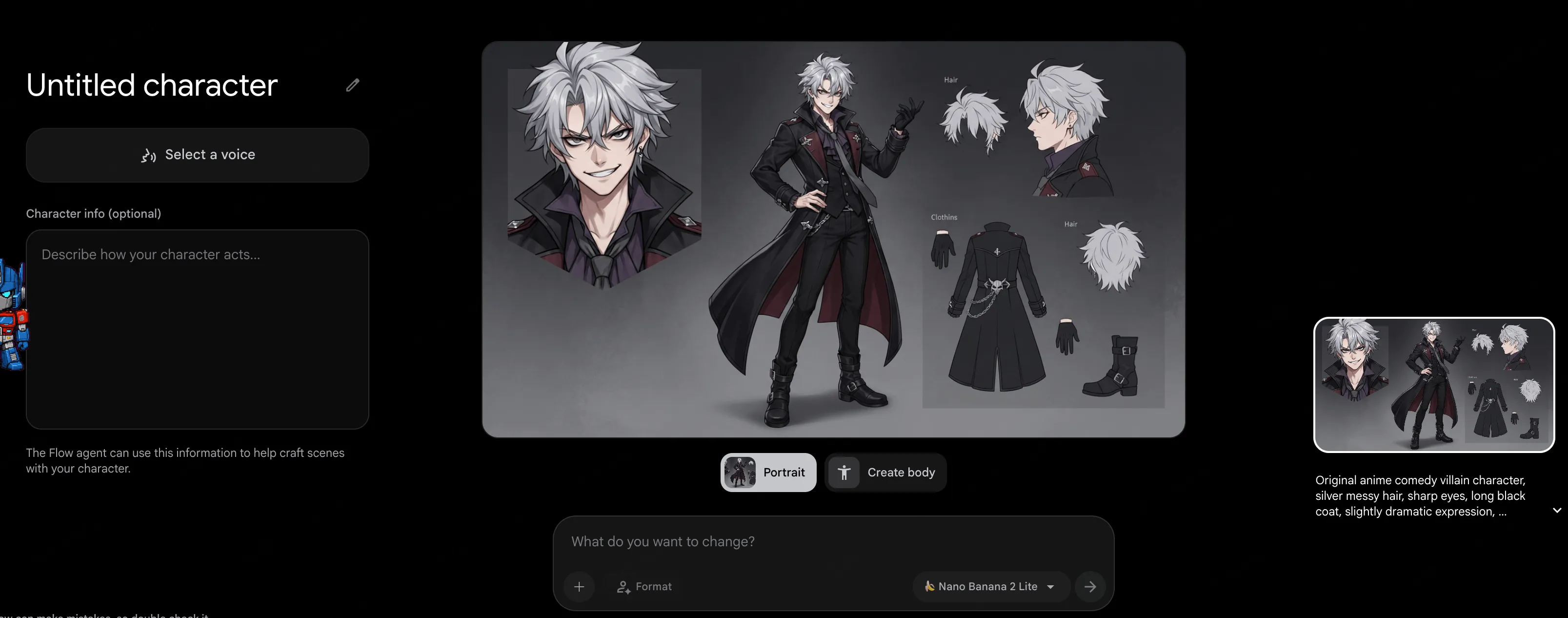 Generated silver-haired anime villain character sheet in Google Flow