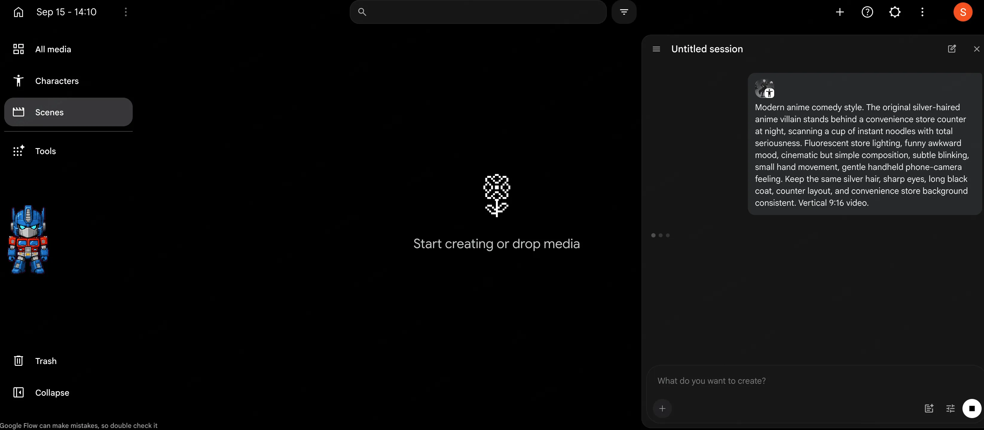 Google Flow Scenes workspace with character reference and anime video prompt