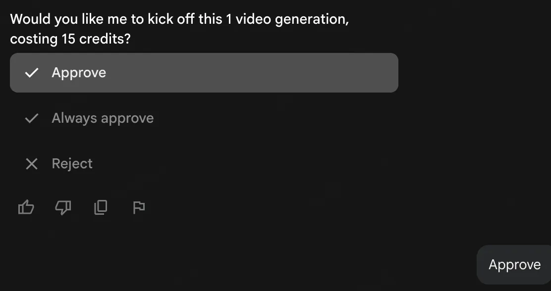 Google Flow credit approval dialog before video generation