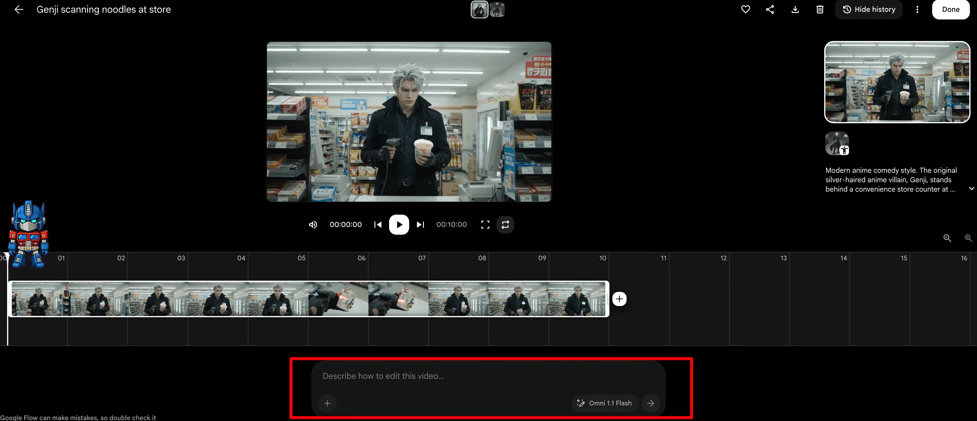 Google Flow video preview with timeline and AI edit prompt box