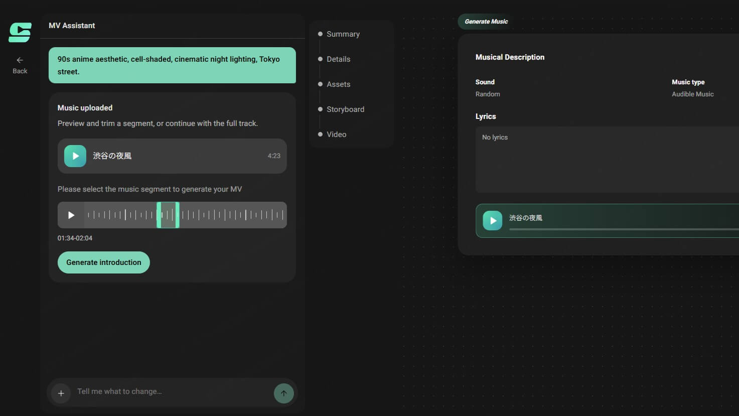 Input stage for adding audio and lyrics to a picture music video workflow