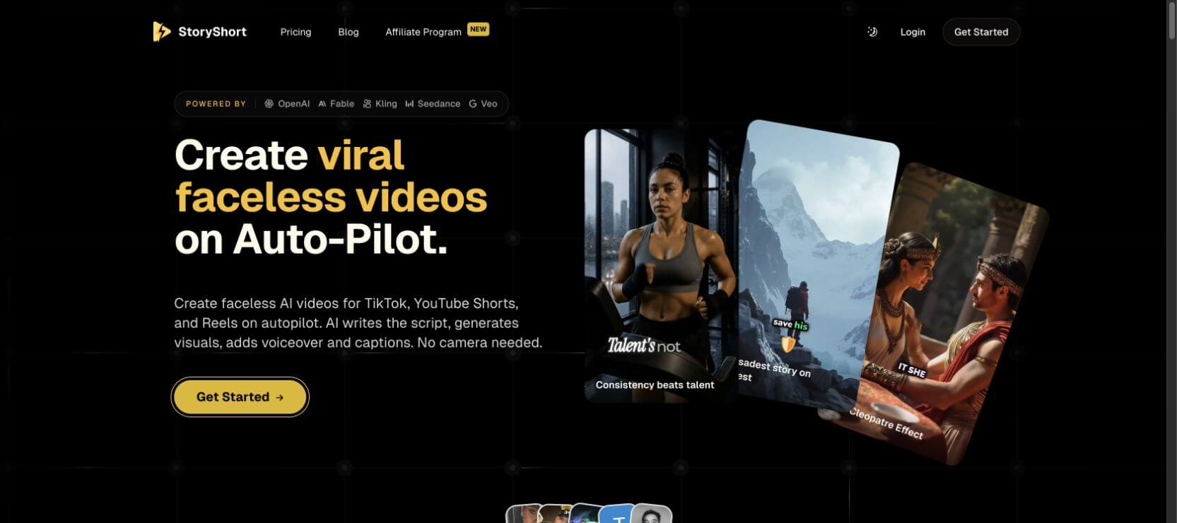 TikTok と YouTube Shorts 向けの顔出しなしAI動画生成を紹介する StoryShort AI ホームページ