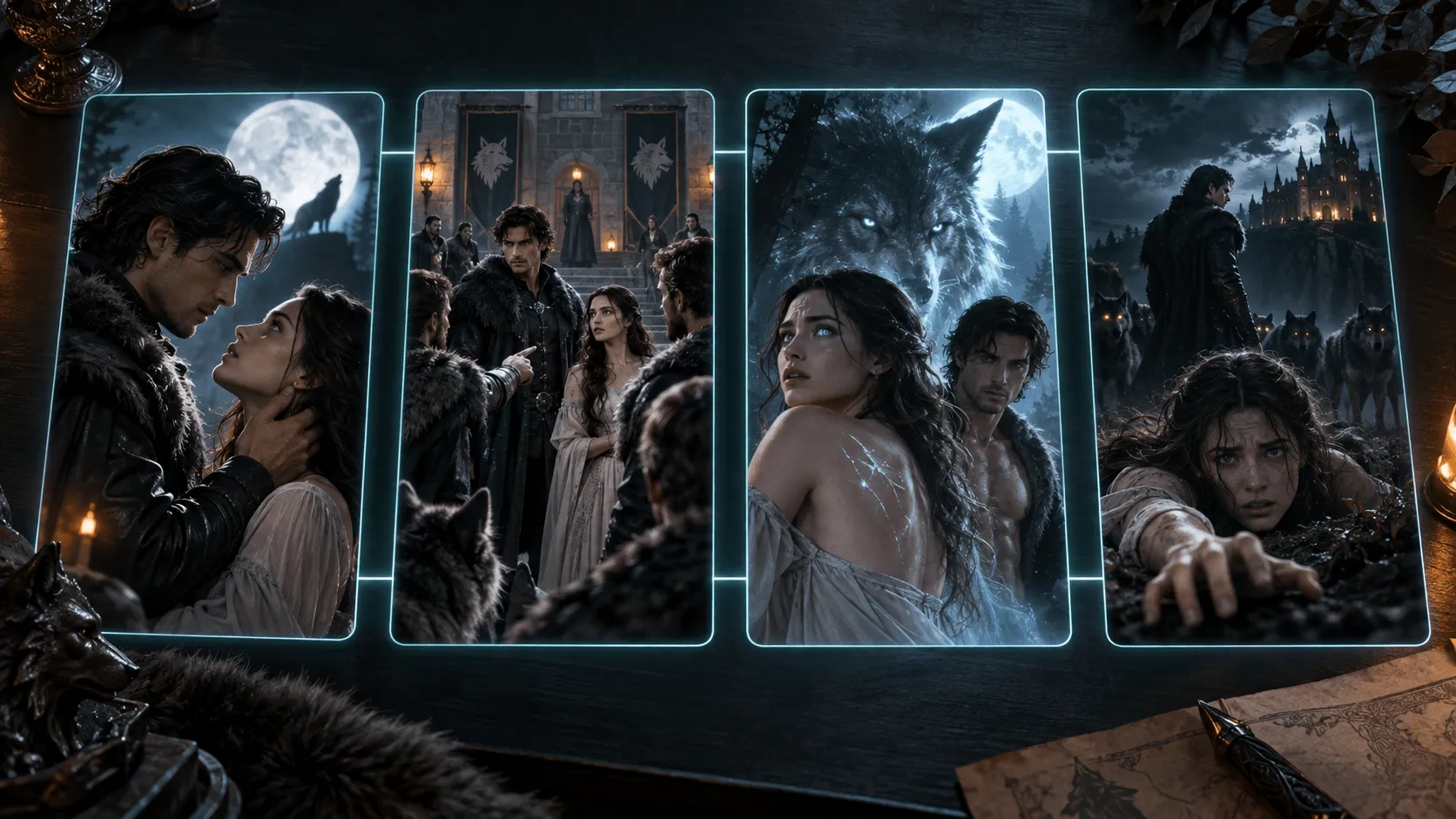 Werewolf drama storyboard structure with connected vertical scenes