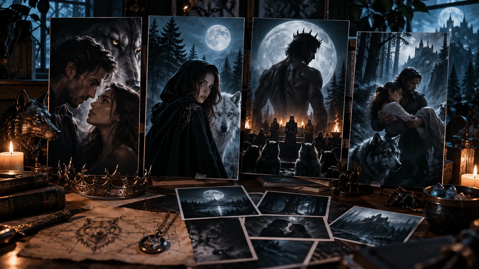 Werewolf drama trope workflow board with moonlit romance references