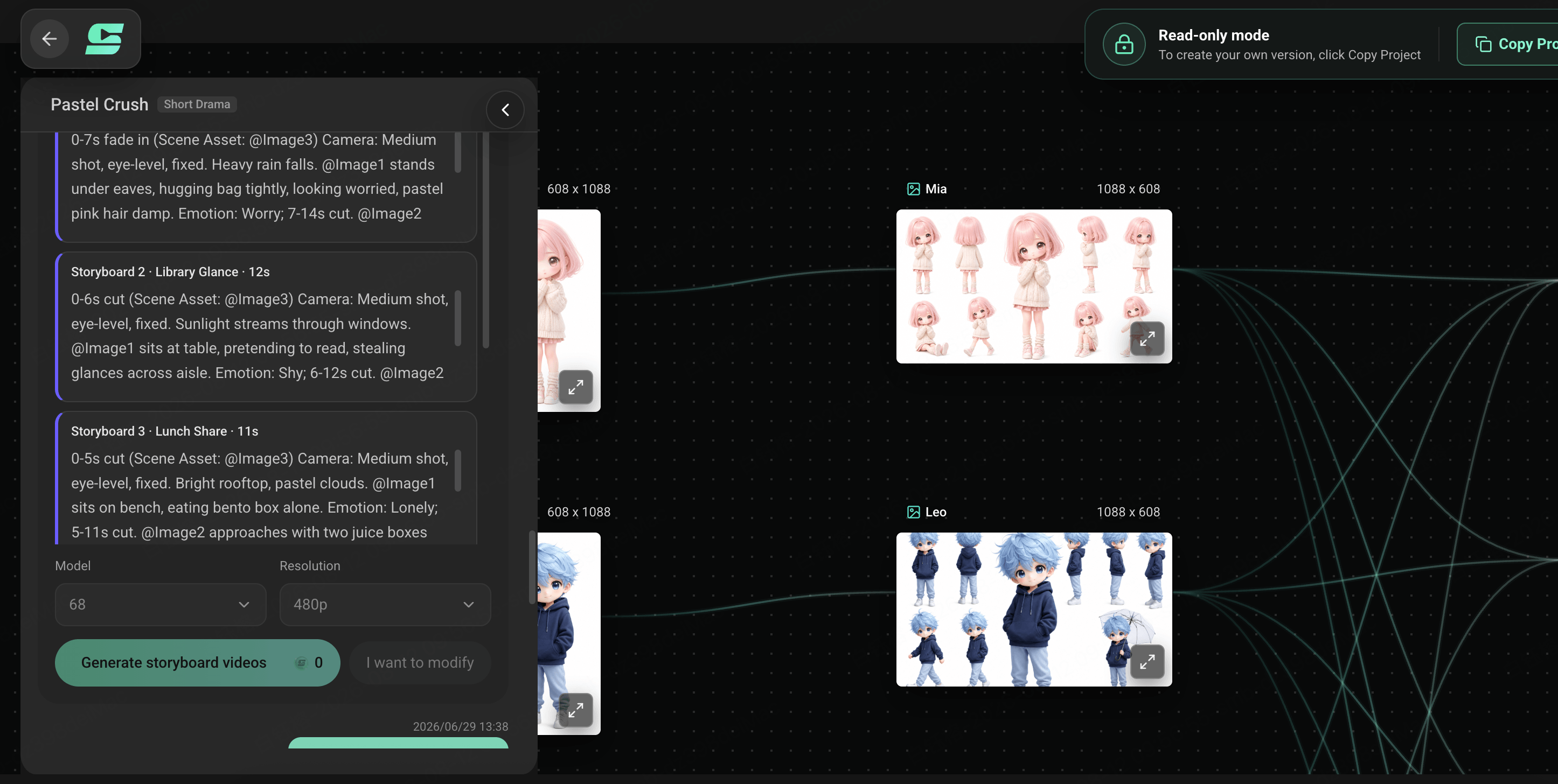 キャラクター参照と編集可能なアニメ絵コンテをつないだSoulVidの制作画面