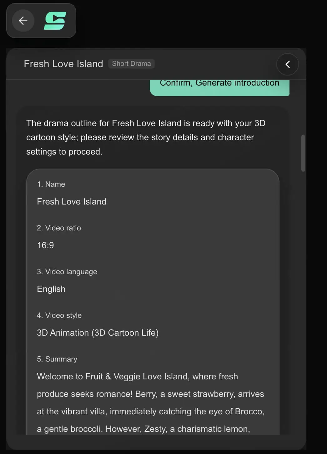 SoulVidのチャット画面でAIフルーツドラマのアイデアと衝突を入力している様子